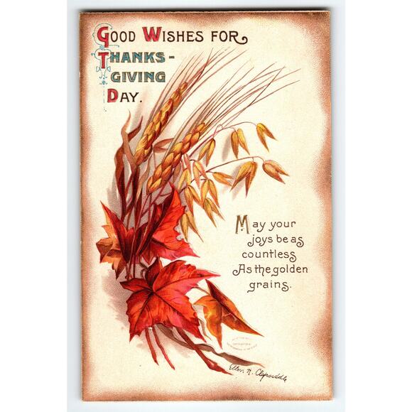 Vintage Thanksgiving Postcard Wheat & Autumn Leaves Litho Ellen H. Clapsaddle - Picture 1 of 2